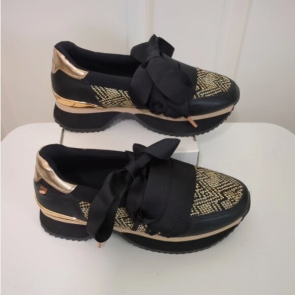 Gioseppo Sport Chic Sneakers Black & Gold, W/Ribbon Accents, Size 6 36, NWOT - Picture 4 of 8